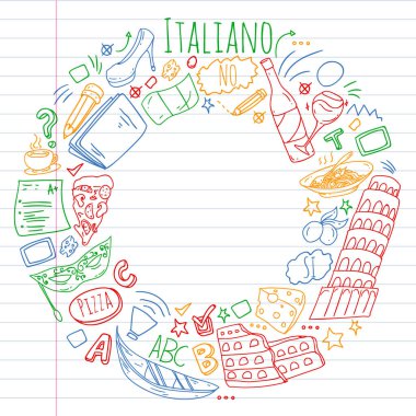 İtalyanca öğrenme. İtalya 'nın simgeleri ve ulusal sembolleriyle vektör deseni.