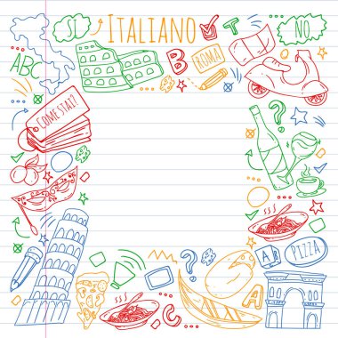 İtalyanca öğrenme. İtalya 'nın simgeleri ve ulusal sembolleriyle vektör deseni.