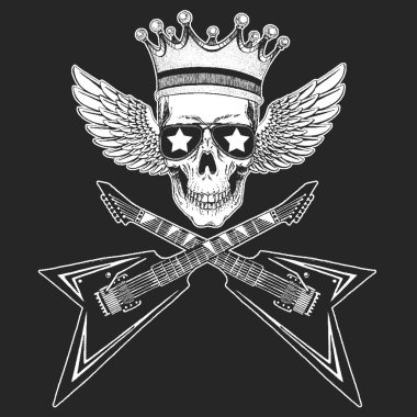 Rock müzik festivali. Kafatası, gitar, kanat, poster, afiş ve tişört için kulaklık..