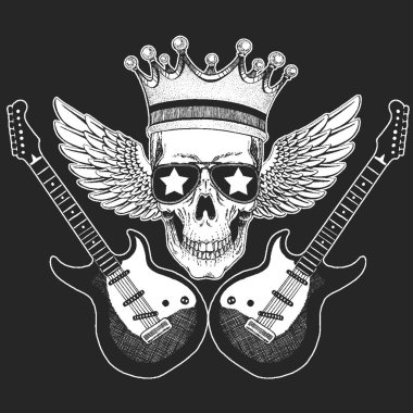 Rock müzik festivali. Kafatası, gitar, kanat, poster, afiş ve tişört için kulaklık..