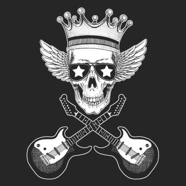 Rock müzik festivali. Kafatası, gitar, kanat, poster, afiş ve tişört için kulaklık..