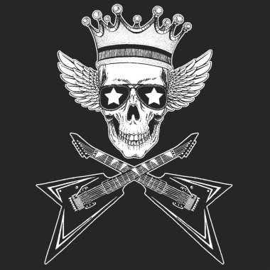Rock müzik festivali. Kafatası, gitar, kanat, poster, afiş ve tişört için kulaklık..