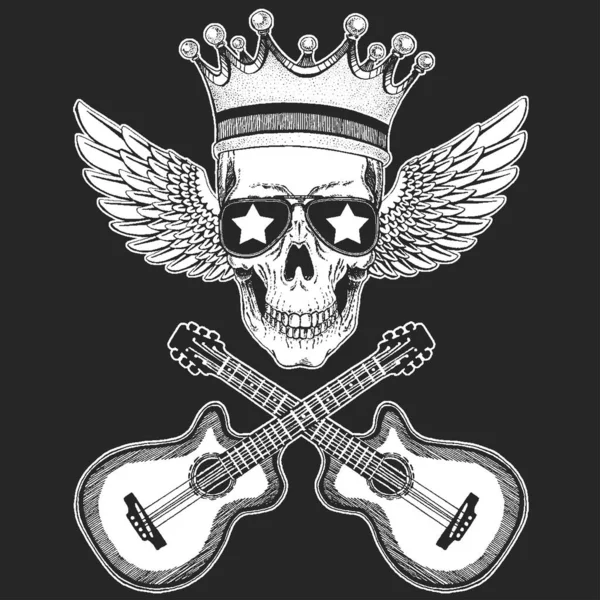 Φεστιβάλ ροκ μουσικής. Ωραίο σχέδιο με κρανίο, κιθάρες, φτερά, ακουστικά για αφίσα, banner, t-shirt. — Διανυσματικό Αρχείο