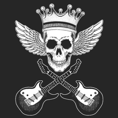 Rock müzik festivali. Kafatası, gitar, kanat, poster, afiş ve tişört için kulaklık..
