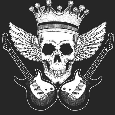 Rock müzik festivali. Kafatası, gitar, kanat, poster, afiş ve tişört için kulaklık..