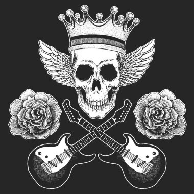 Rock müzik festivali. Kafatası, gitar, kanat, poster, afiş ve tişört için kulaklık..