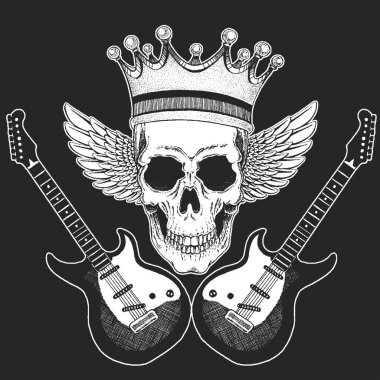 Rock müzik festivali. Kafatası, gitar, kanat, poster, afiş ve tişört için kulaklık..
