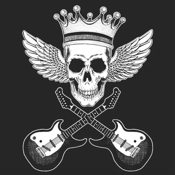 록 음악 축제. 두개골, 기타, 날개, 포스터 헤드폰, 현수막, 티셔츠로 된 멋진 활자. — 스톡 벡터