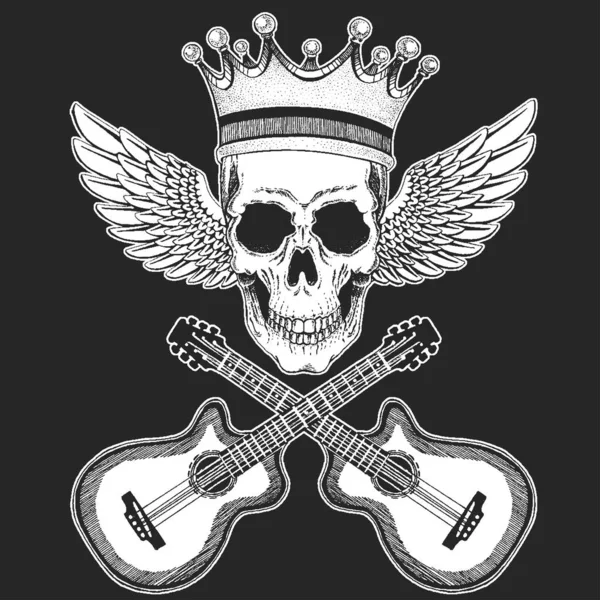 Festival de musique rock. Impression cool avec crâne, guitares, ailes, écouteurs pour affiche, bannière, t-shirt . — Image vectorielle