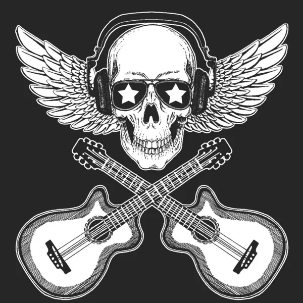 Festival de música rock. Crânio com guitarras. Impressão legal para cartaz, banner, t-shirt . —  Vetores de Stock
