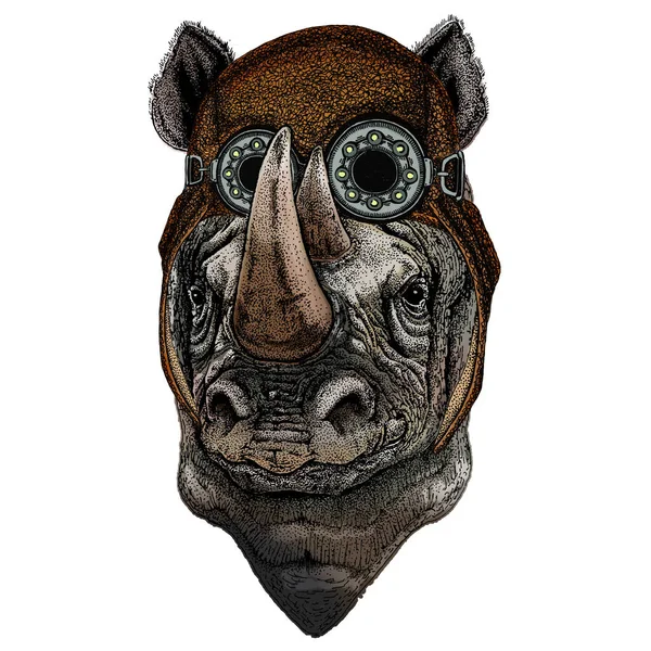 Rhinoceros, rhino portrait. Head of wild animal. Aviator flying leather helmet with googles. — Stock Vector