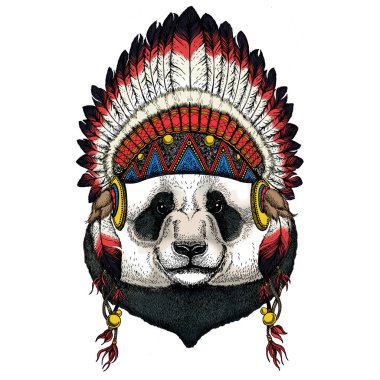Büyük panda, bambu ayı portresi. Şirin bir hayvanın yüzü. Ayı kafası. Geleneksel Hint başlığı.