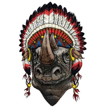 Gergedan, gergedan portresi. Vahşi hayvanların başı. Geleneksel Hint başlığı.