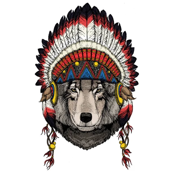 Portrait de loup. Tête d'animal sauvage. Coiffe traditionnelle indienne . — Image vectorielle