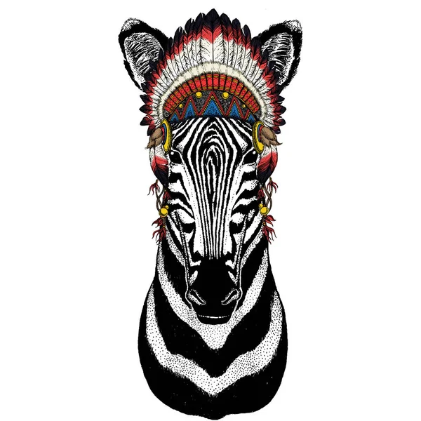 Zebra portrait. Head of wild animal. Indian traditional headdress. — Stock Vector