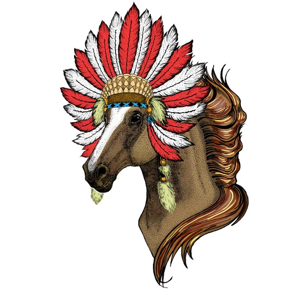 Cheval, cheval, coursier. Portrait d'animal sauvage. Coiffe indienne avec plumes. Style Boho . — Image vectorielle