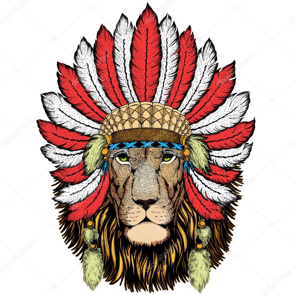 Lion head. Wild animal portrait. Face of african cat. Indian headdress with feathers. Boho style.