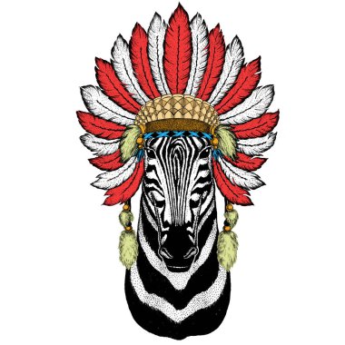 Zebra portresi. Vahşi hayvanların başı. Tüylü Kızılderili başlığı. Boho tarzı.