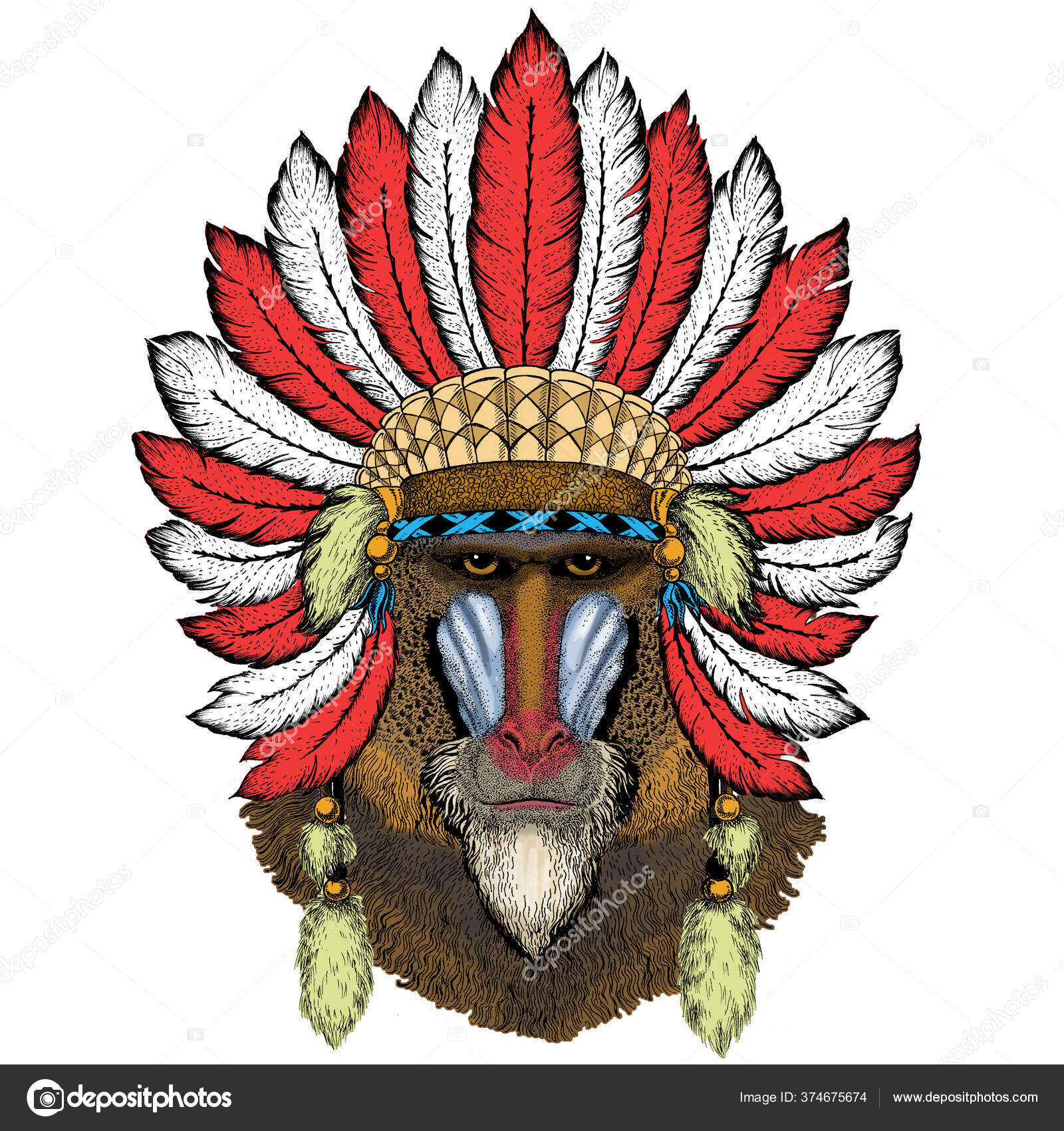 비비, 몽키, 유인원. 머리, 동물의 초상화. 깃털달린 인도의 머리장식. 보호 스타일. 스톡 벡터 - ©Helen_F 374675674, image size:1600x1700