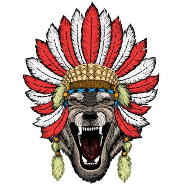 Kurt portresi. Vahşi hayvanların başı. Tüylü Kızılderili başlığı. Boho tarzı.