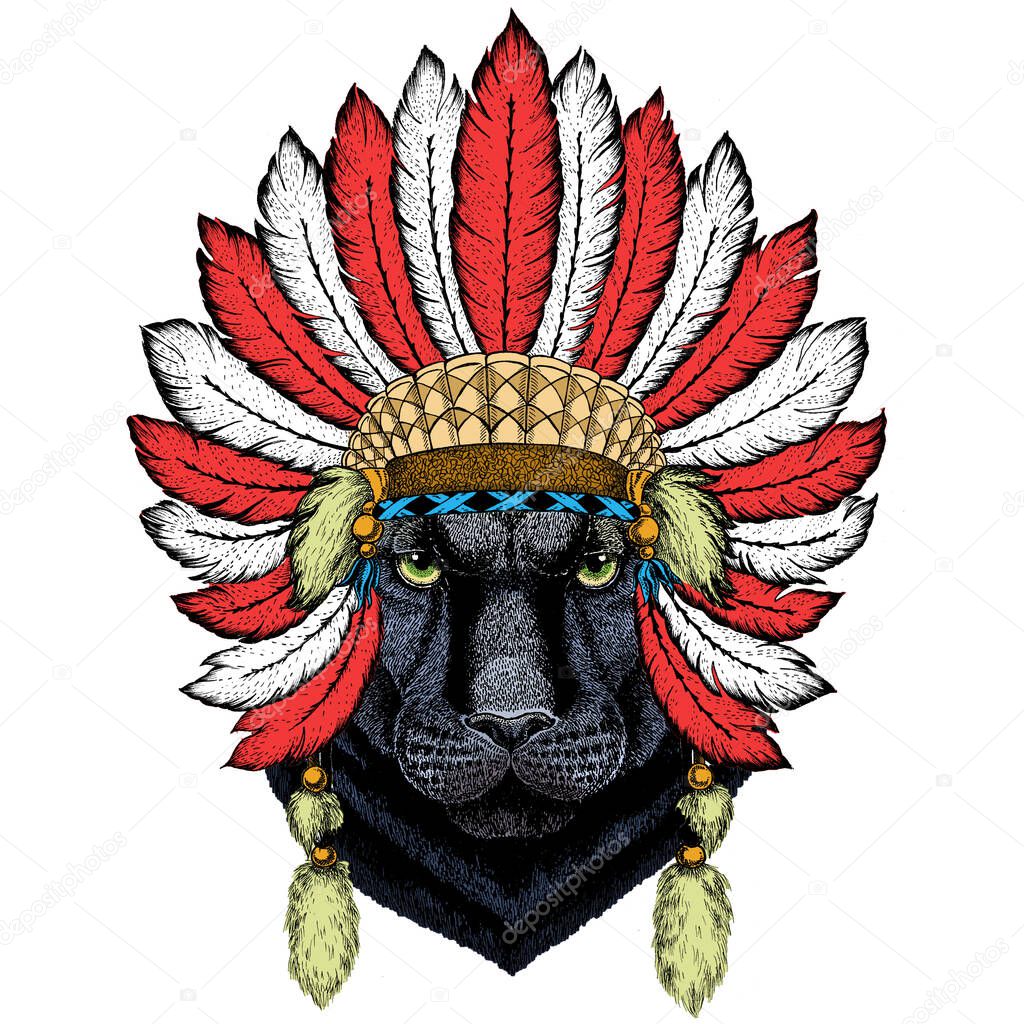 Black panther, puma. Head of animal. Wild cat portrait. Indian headdress with feathers. Boho style.