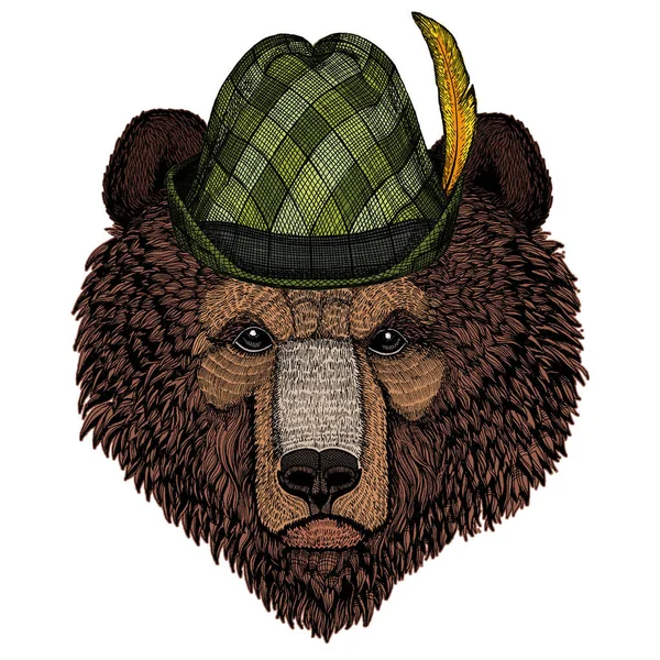 Άγριο αρκουδάκι. Ζωικό πορτρέτο. Αυστριακό καπέλο τιρολ. Γιορτή μπύρας. Γιορτή Οκτωβρίου. — Διανυσματικό Αρχείο
