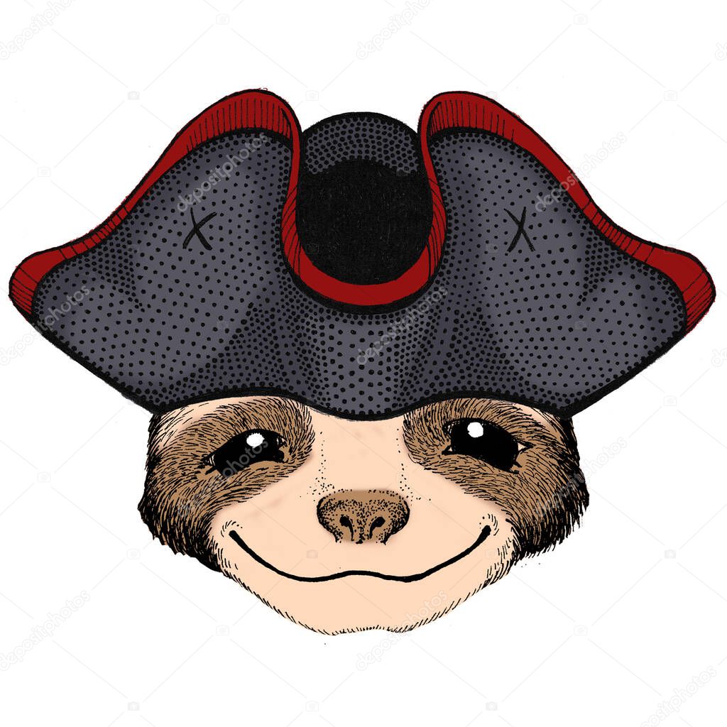 Sloth portrait. Face of cute animal. Cocked hat.