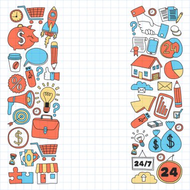 Çevrimiçi ticaret ve yönetim okulu. Finans simgeleriyle desen. Proje organizasyonu, risk, gelişme. Takım çalışması, bütçe planlaması.