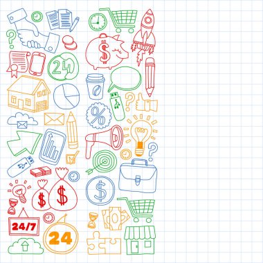 Çevrimiçi ticaret ve yönetim okulu. Finans simgeleriyle desen. Proje organizasyonu, risk, gelişme. Takım çalışması, bütçe planlaması.