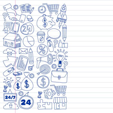 Çevrimiçi ticaret ve yönetim okulu. Finans simgeleriyle desen. Proje organizasyonu, risk, gelişme. Takım çalışması, bütçe planlaması.