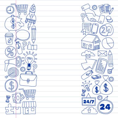 Çevrimiçi ticaret ve yönetim okulu. Finans simgeleriyle desen. Proje organizasyonu, risk, gelişme. Takım çalışması, bütçe planlaması.