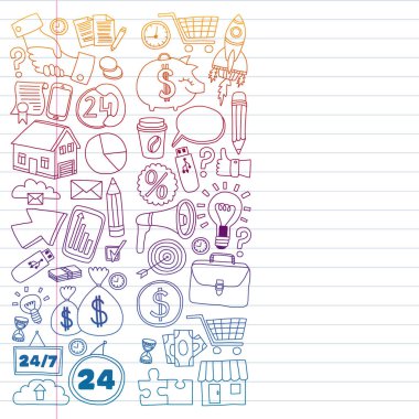 Çevrimiçi ticaret ve yönetim okulu. Finans simgeleriyle desen. Proje organizasyonu, risk, gelişme. Takım çalışması, bütçe planlaması.