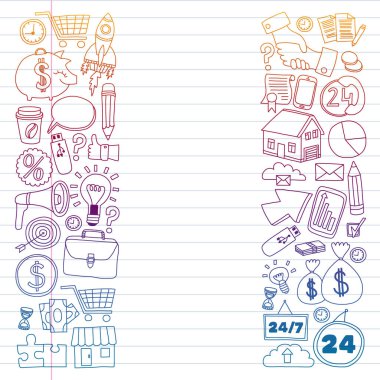 Çevrimiçi ticaret ve yönetim okulu. Finans simgeleriyle desen. Proje organizasyonu, risk, gelişme. Takım çalışması, bütçe planlaması.