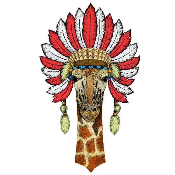 Głowa żyrafy. Portret dzikiego zwierzęcia. Indyjski nakrycie głowy z piórami. Styl boho. — Wektor stockowy