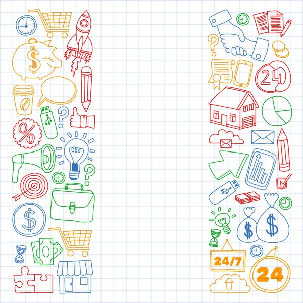 Çevrimiçi ticaret ve yönetim okulu. Finans simgeleriyle desen. Proje organizasyonu, risk, gelişme. Takım çalışması, bütçe planlaması.