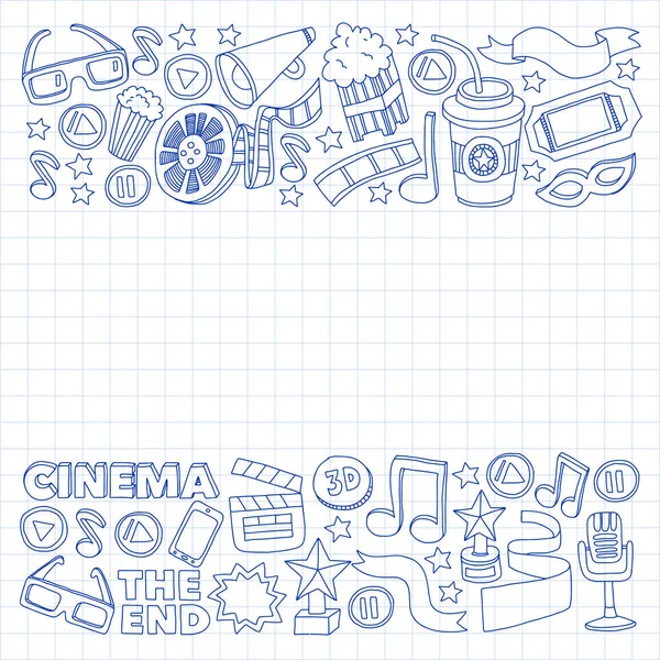 Online bio vektor ikoner. Bakgrund med popcorn, film illustration, noter. — Stock vektor