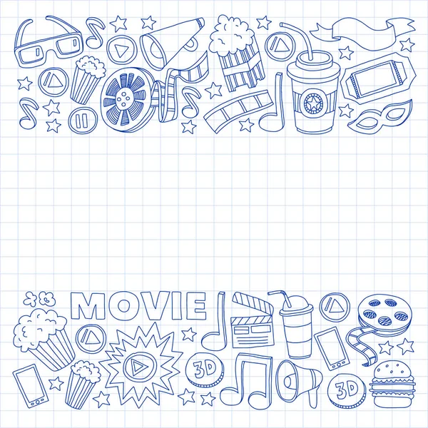 Online cinema vector icons. Background with popcorn, movie illustration, musical notes. — Stock Vector