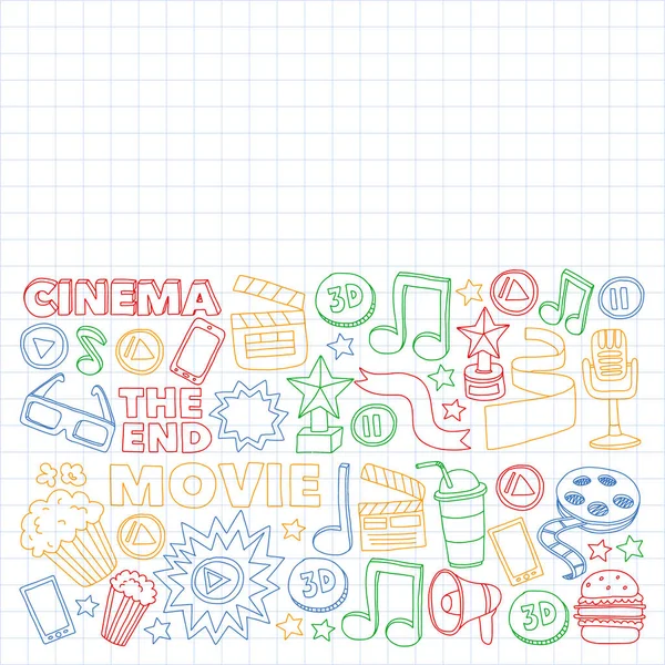 Online-Kino-Vektor-Symbole. Hintergrund mit Popcorn, Filmillustration, Musiknoten. — Stockvektor
