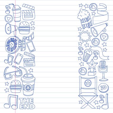 Çevrimiçi sinema vektör simgeleri. Patlamış mısırlı arka plan, film illüstrasyonu, müzik notaları.