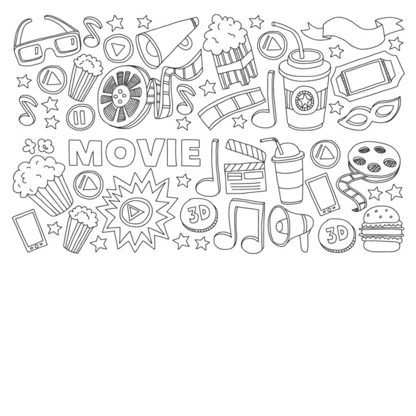 Online mozi vektor ikonok. Háttér popcorn, film illusztráció, zenei jegyzetek. — Stock Vector
