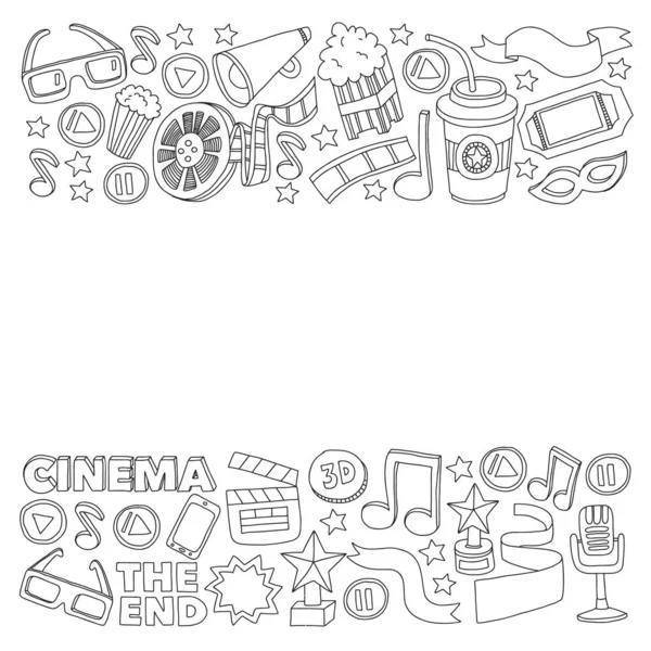 Ikony wektora kina online. Tło z popcornem, ilustracja filmu, nuty. — Wektor stockowy