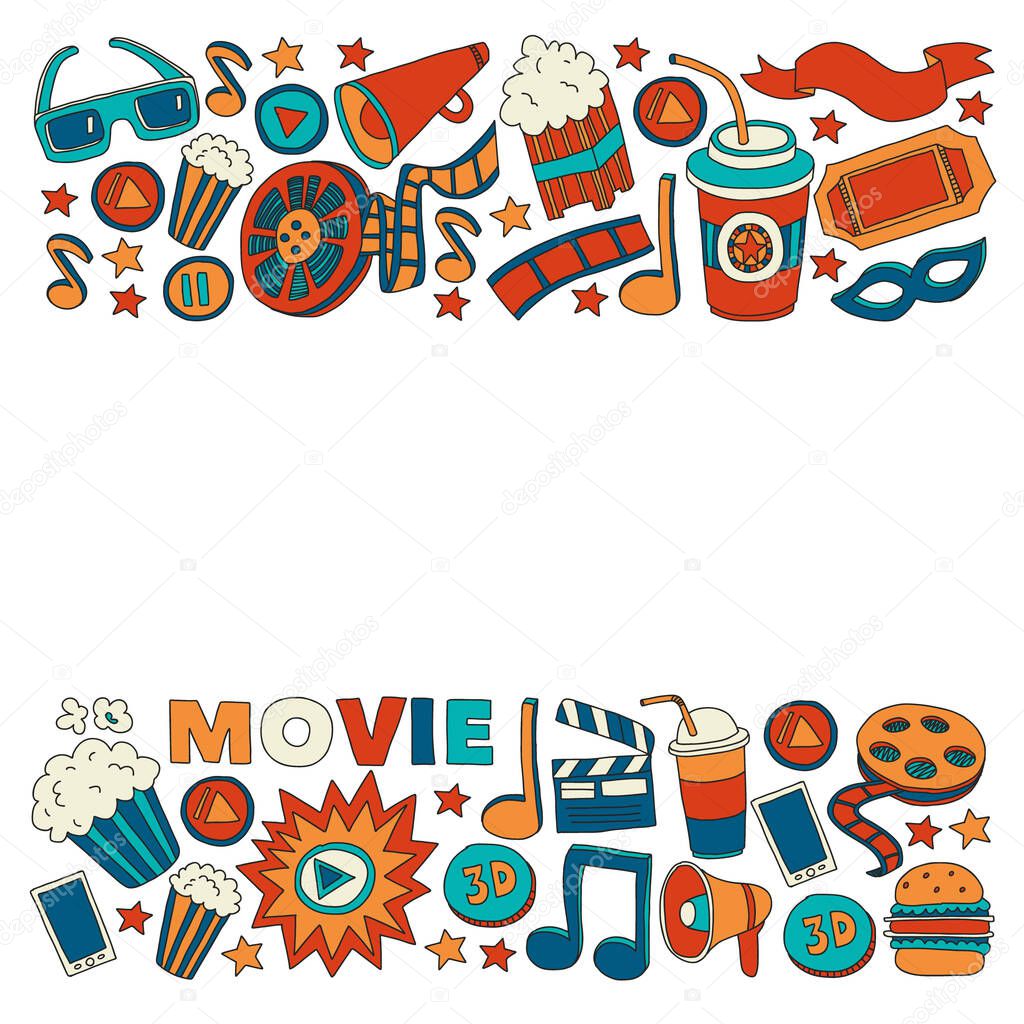 Online cinema vector icons. Background with popcorn, movie illustration, musical notes.