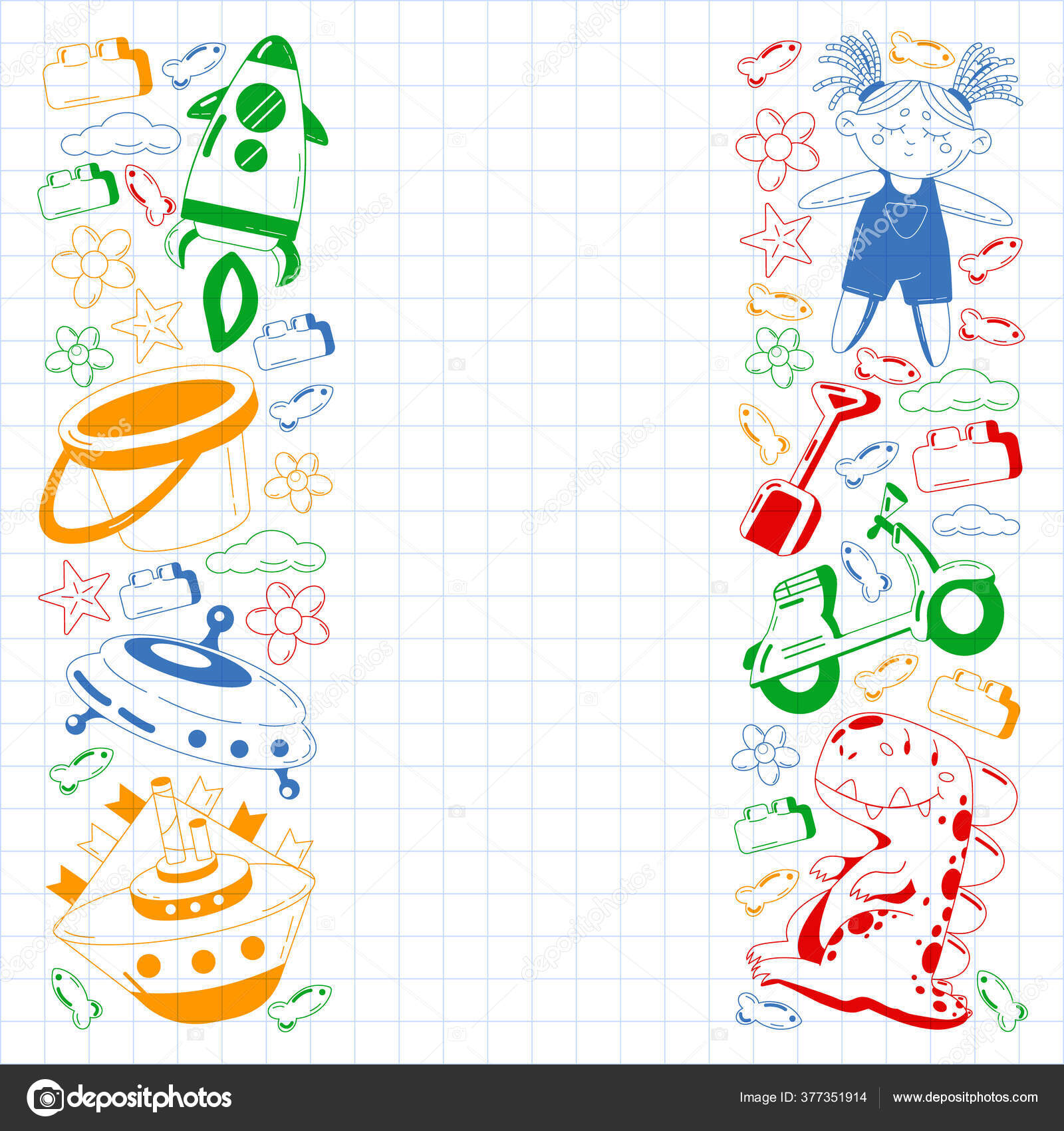 Children online education. Kindergarten vector pattern with toys. Stock Illustration by ©Helen_F