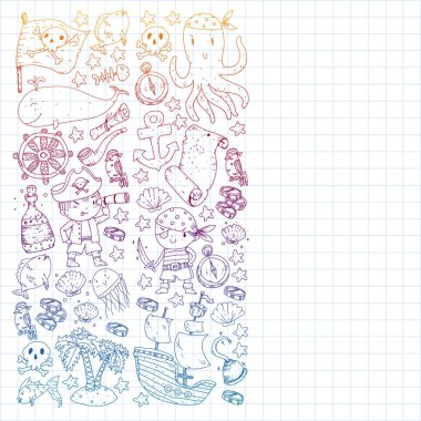 Korsan partisi. Küçük çocuklar için çizimler. Hazine adası, ahtapot, korsanlar ile Çocuk doğum günü kutlaması