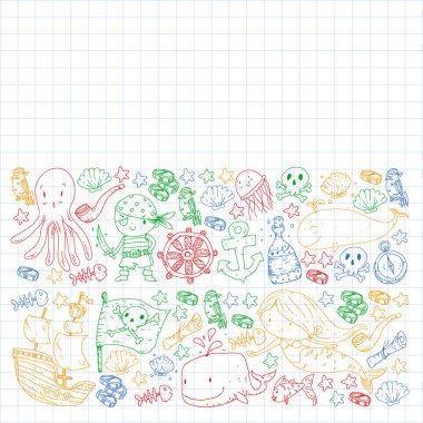 Korsan partisi. Küçük çocuklar için çizimler. Hazine adası, ahtapot, korsanlar ile Çocuk doğum günü kutlaması