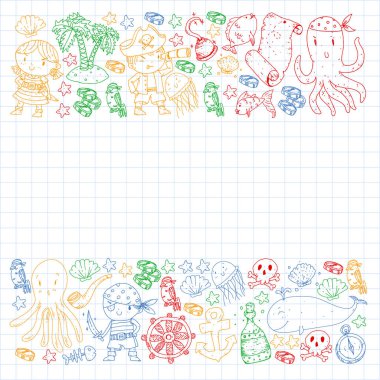 Korsan partisi. Küçük çocuklar için çizimler. Hazine adası, ahtapot, korsanlar ile Çocuk doğum günü kutlaması