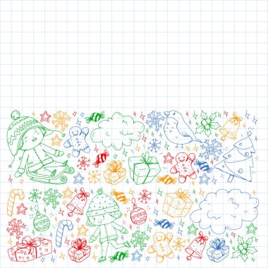 Küçük çocuklarla Noel şablonu. Çocuklar kış tatillerinde oynar ve eğlenirler..