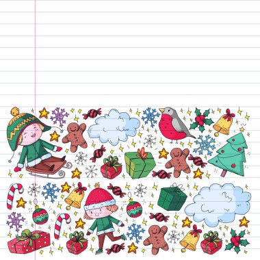 Küçük çocuklar için Noel şablonu. Çocuklar kış tatillerinde oynar ve eğlenirler..