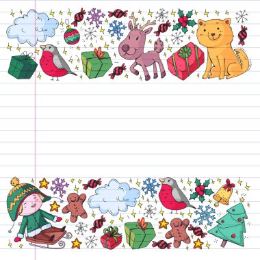 Küçük çocuklar için Noel şablonu. Çocuklar kış tatillerinde oynar ve eğlenirler..