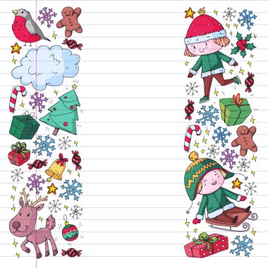 Küçük çocuklar için Noel şablonu. Çocuklar kış tatillerinde oynar ve eğlenirler..